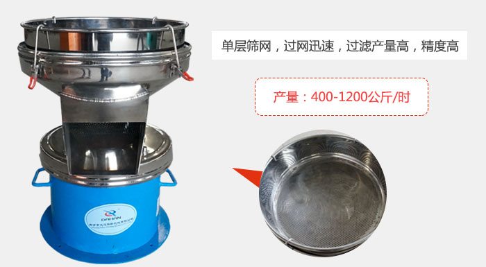 450過(guò)濾篩采用單層篩網(wǎng)，過(guò)網(wǎng)迅速，過(guò)濾產(chǎn)量高，精度高。