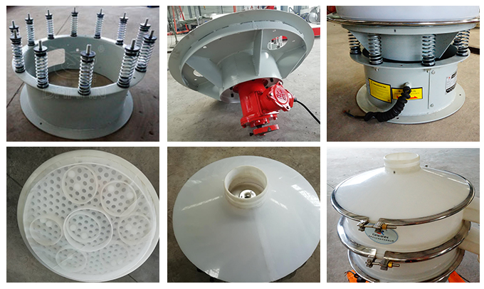 塑料振動篩彈簧底座安裝，振動電機安裝，篩網(wǎng)，防塵蓋等安裝圖片展示